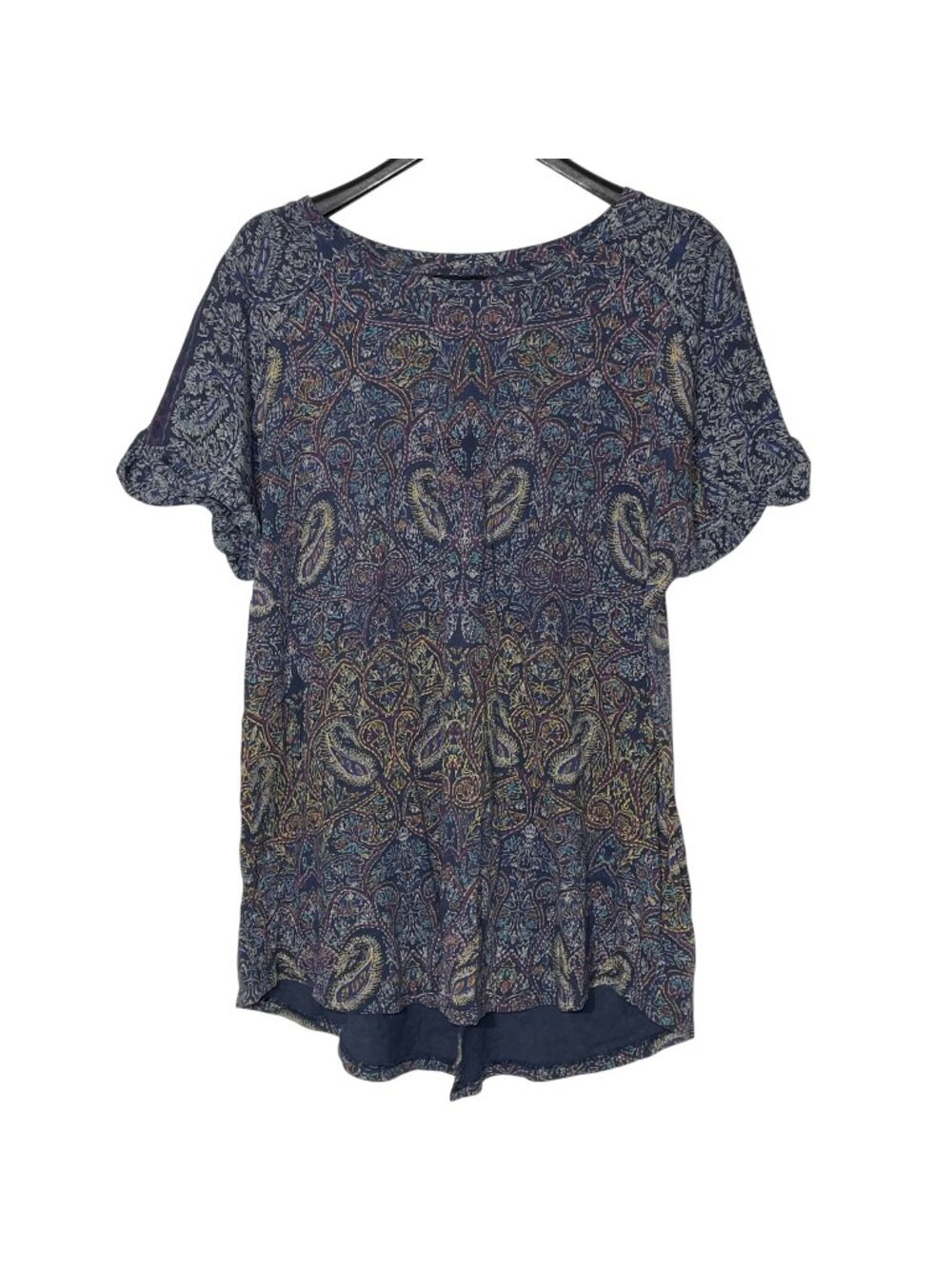 Lucky Brand Paisley Boho Short Sleeve Cotton T-Shirt Blue Sz 2X Burnout